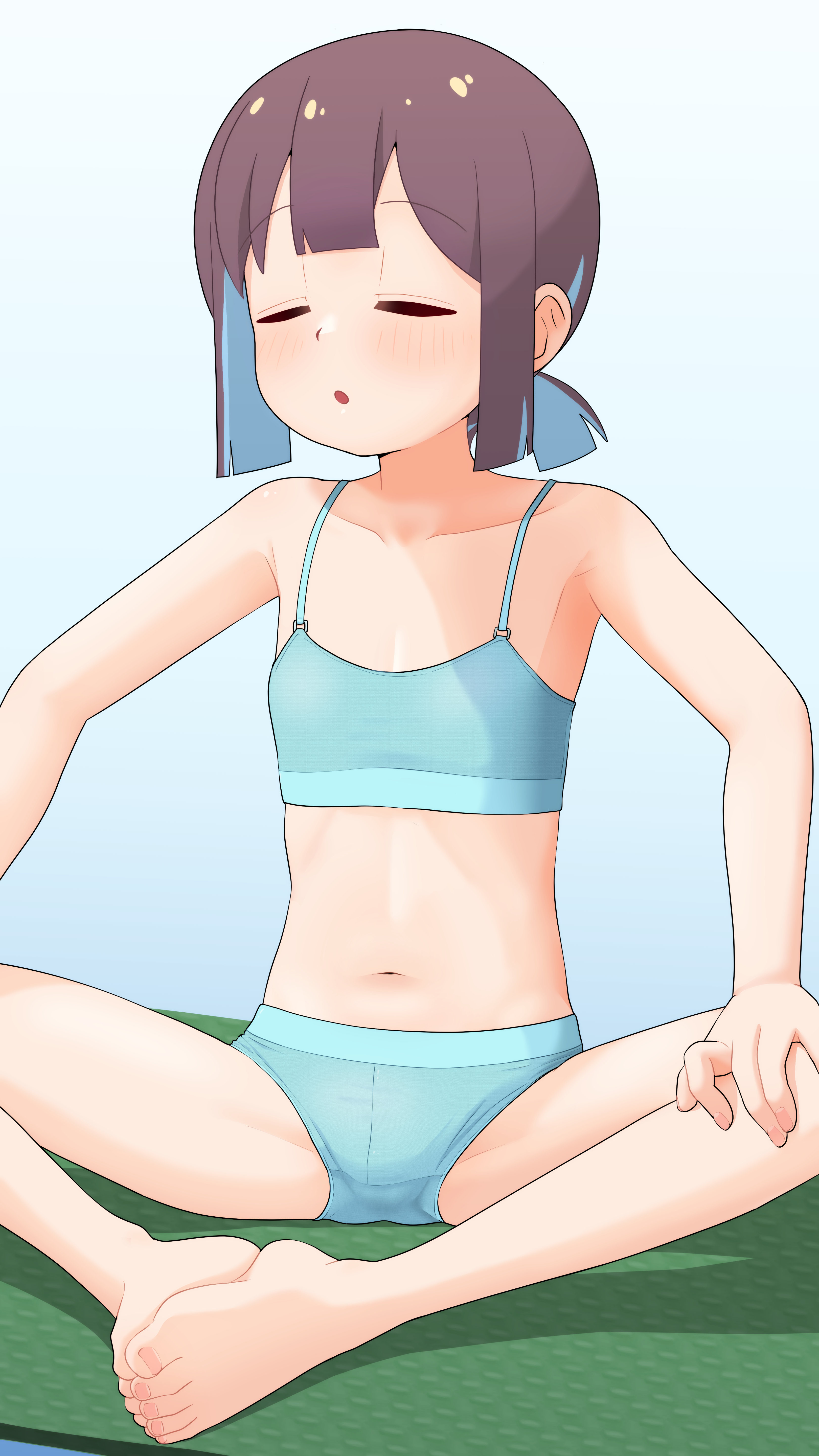 happyundergate, hozuki momiji, onii-chan wa oshimai!, absurdres, commentary, commentary request, commission, english commentary, highres, mixed-language commentary, pixiv commission, 1girl, bare arms, bare legs, bare shoulders, barefoot, blue bra, blue eyes, blue panties, blunt bangs, bra, brown hair, butterfly sitting, closed eyes, collarbone, double-parted bangs, feet, flat chest, hands on own knees, light blush, midriff, multicolored hair, navel, open mouth, panties, ponytail, short hair, short ponytail, sitting, toes, training bra, two-tone hair, underwear, underwear only