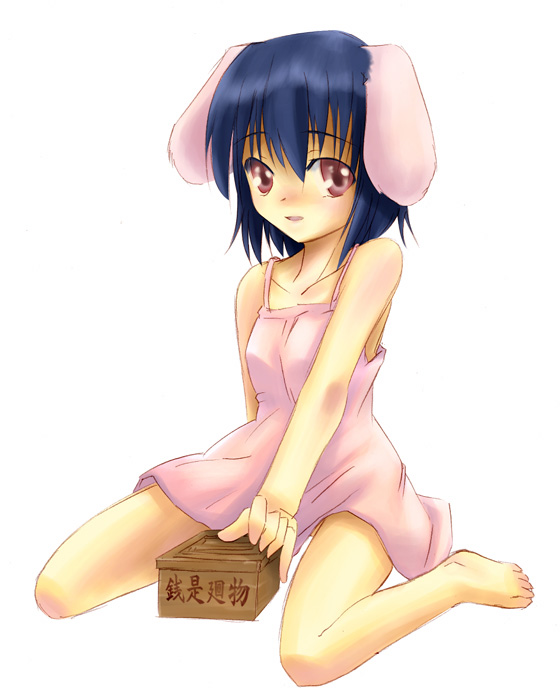 konoe yuba, inaba tewi, touhou, 1girl, animal ears, barefoot, black hair, blush, box, dress, feet, female focus, full body, kneeling, rabbit ears, short hair, simple background, solo, sundress, white background