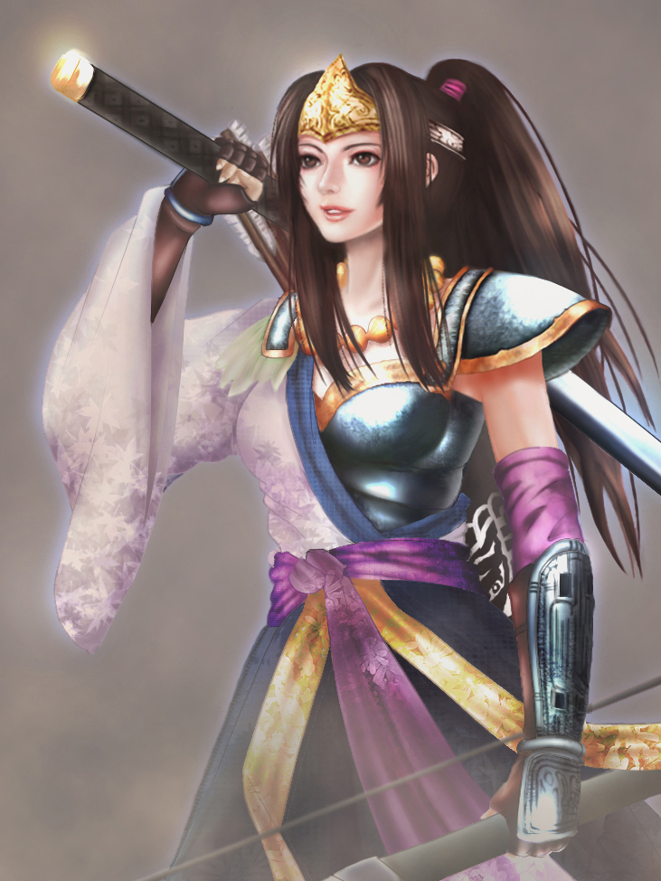 ina (urobronai), inahime, sengoku musou, 1girl, arm guards, armor, breastplate, brown eyes, brown hair, cowboy shot, expressionless, female focus, headband, holding, holding sword, holding weapon, ponytail, shoulder pads, sidelocks, solo, sword, weapon
