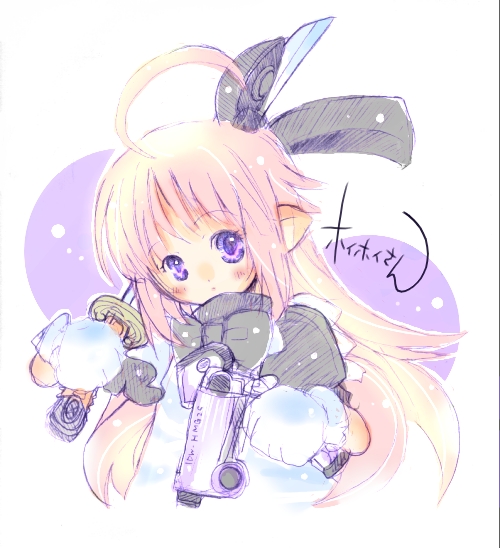 haneka, hoihoi-san, ichigeki sacchuu!! hoihoi-san, ahoge, gloves, gun, pink hair, purple eyes, sketch, solo, sword, weapon