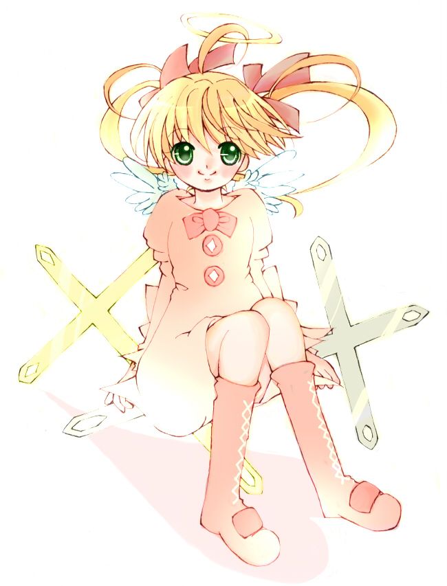 haneka, tagme, blonde hair, boots, cross, green eyes, pink boots, solo, wings