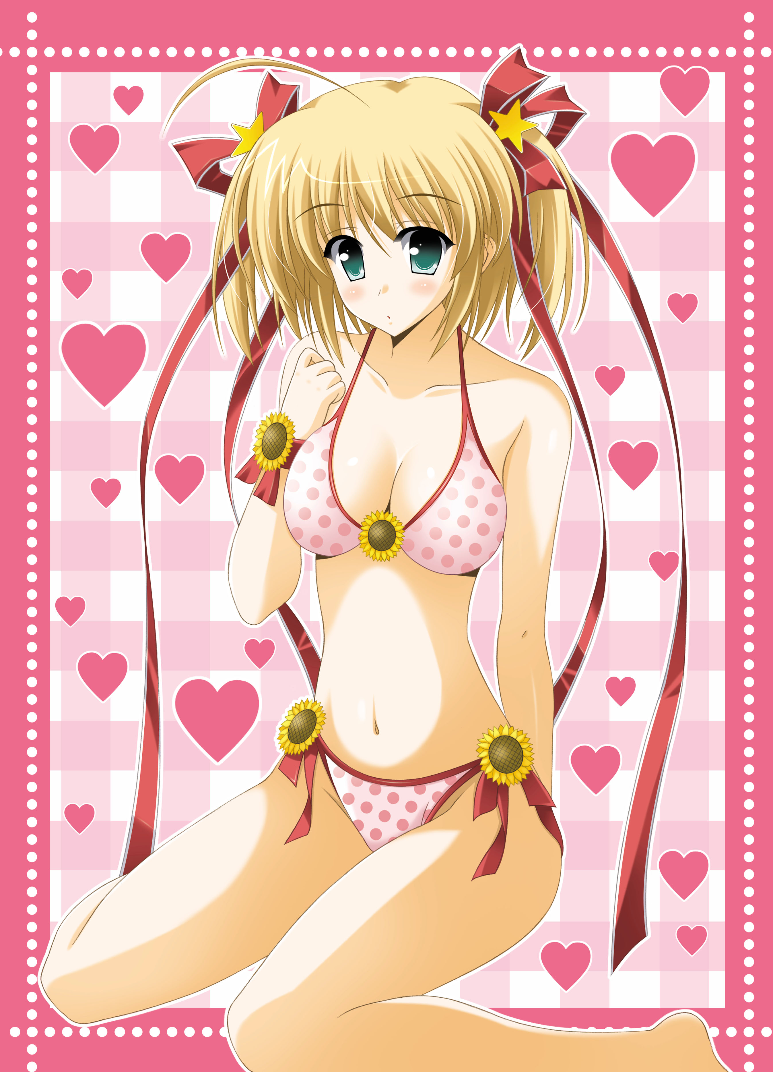oda ken'ichi, kamikita komari, little busters!, absurdres, highres, bikini, blonde hair, green eyes, hair ribbon, heart, pink bikini, polka dot, polka dot bikini, polka dot swimsuit, ribbon, short hair, side-tie bikini bottom, solo, swimsuit