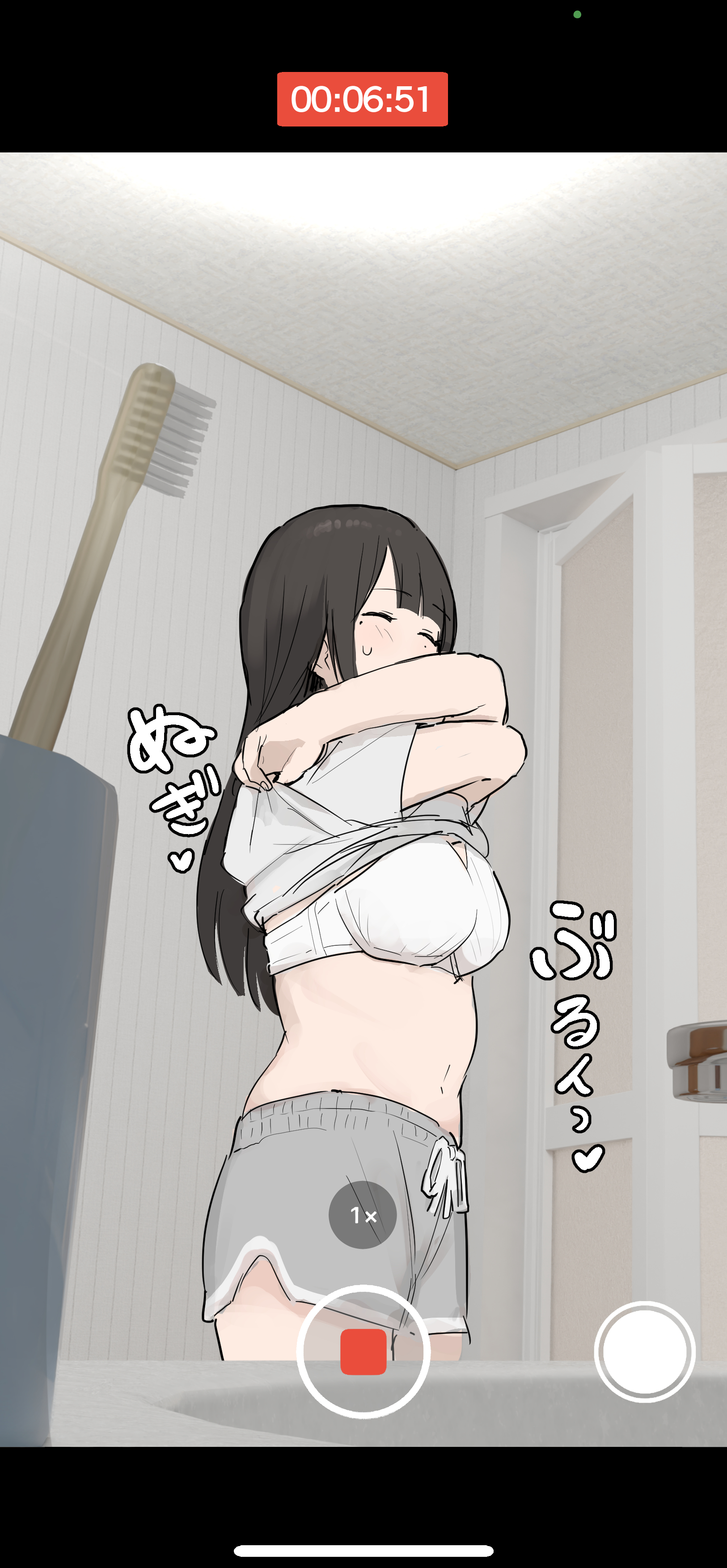 samidare (hoshi), original, absurdres, highres, paid reward available, variant set, 1girl, bathroom, black hair, blush, bra, breasts, closed eyes, clothes lift, dolphin shorts, drawstring, embarrassed, faucet, female focus, grey shorts, heart, indoors, japanese text, long hair, navel, older sister, phone, recording, shirt, shirt lift, shorts, sidelocks, sink, small breasts, solo, standing, timestamp, toothbrush, underwear, undressing, voyeurism, white bra, white shirt