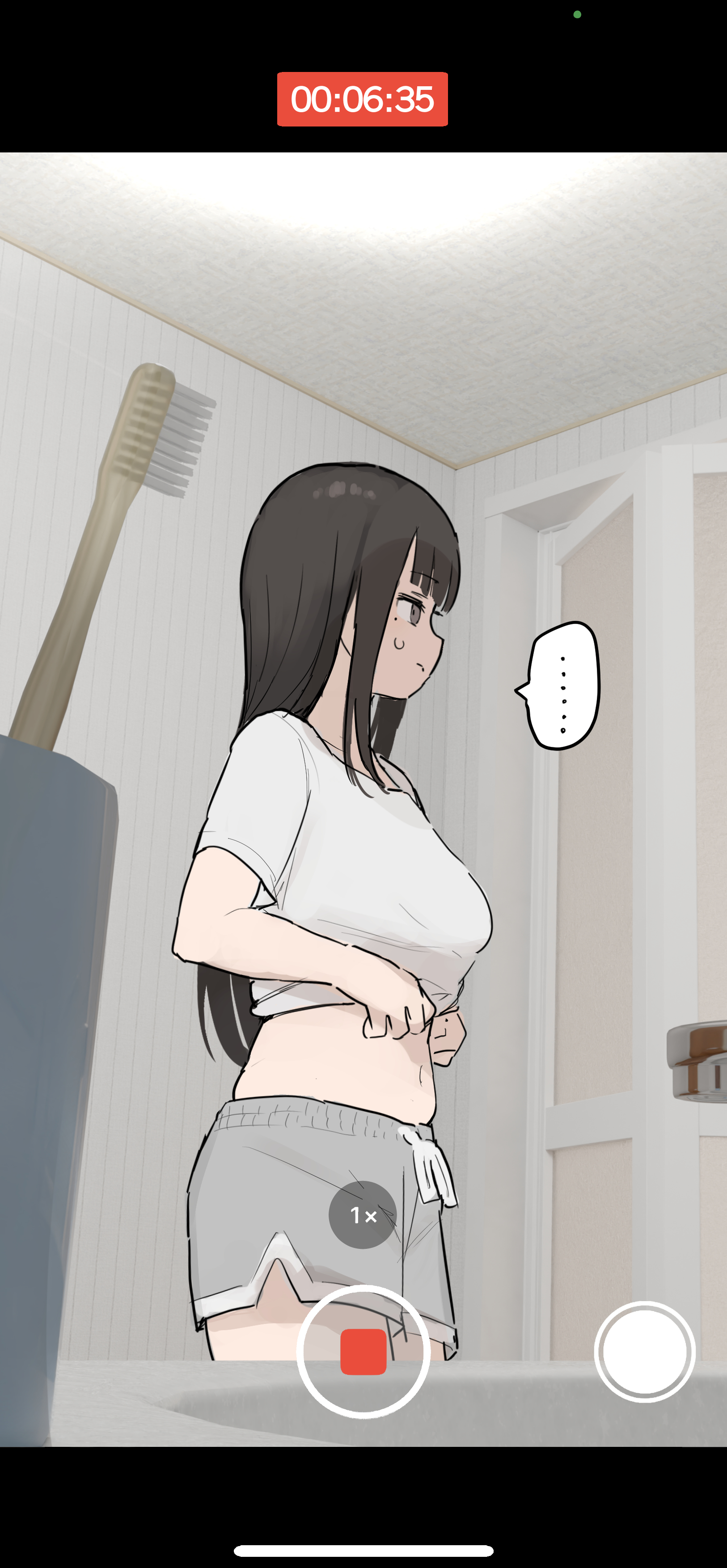 samidare (hoshi), original, absurdres, highres, paid reward available, variant set, …, 1girl, bathroom, black hair, breasts, clothes lift, dolphin shorts, drawstring, embarrassed, faucet, female focus, grey shorts, indoors, long hair, looking to the side, midriff, navel, older sister, phone, recording, shirt, shirt lift, shorts, sidelocks, sink, small breasts, solo, standing, sweatdrop, timestamp, toothbrush, undressing, voyeurism, white shirt