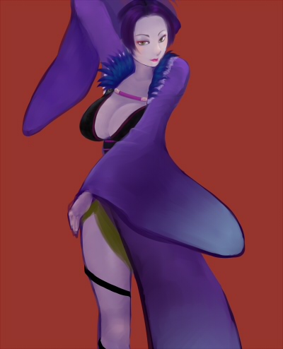mihyoi, nouhime, nouhime (sengoku musou), sengoku musou, bad id, bad pixiv id, lowres, 1girl, black hair, breasts, cleavage, coat, collarbone, female focus, large breasts, long sleeves, looking at viewer, red background, red eyes, short hair, simple background, solo