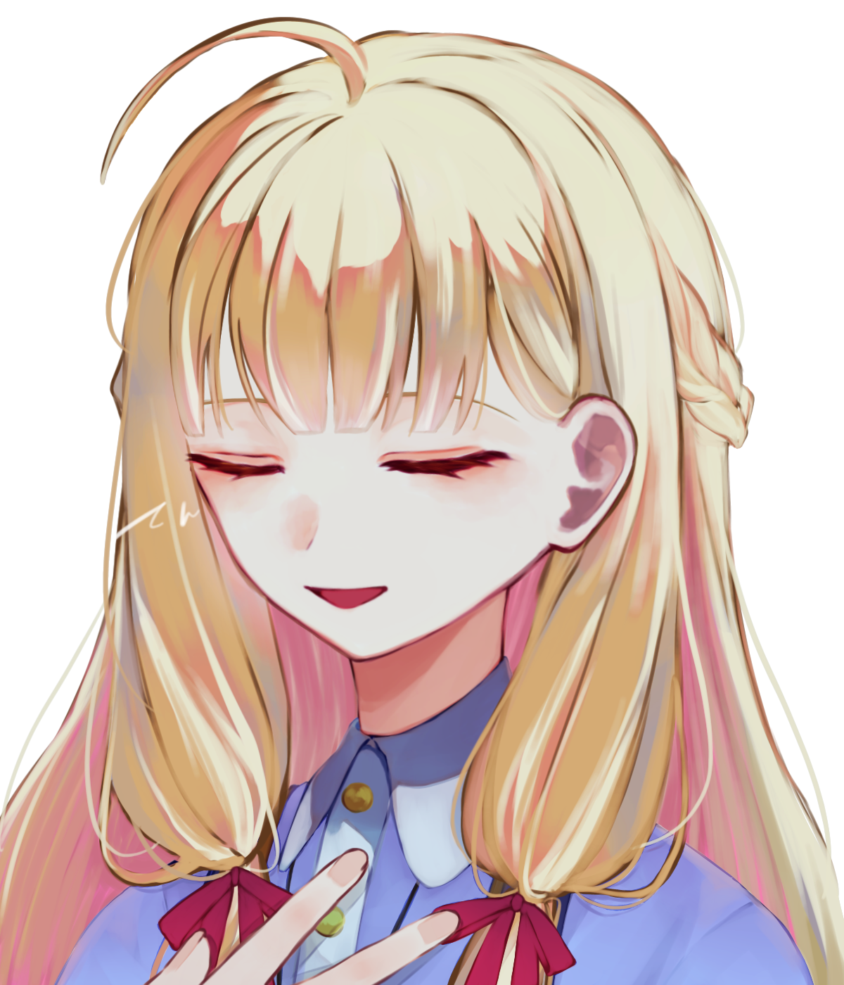 sonia (tales of crestoria), tales of (series), tales of crestoria, highres, 1girl, blunt bangs, closed eyes, gold buttons, hair ribbon, hand up, long hair, open mouth, purple shirt, red ribbon, ribbon, shirt, simple background, smile, solo, upper body, user hhak8737, white background