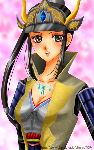 ina (urobronai), inahime, sengoku musou, 1girl, armor, black hair, blush, breastplate, breasts, cleavage, female focus, helmet, japanese armor, ponytail, samurai, shoulder armor, sidelocks, smile, sode, solo