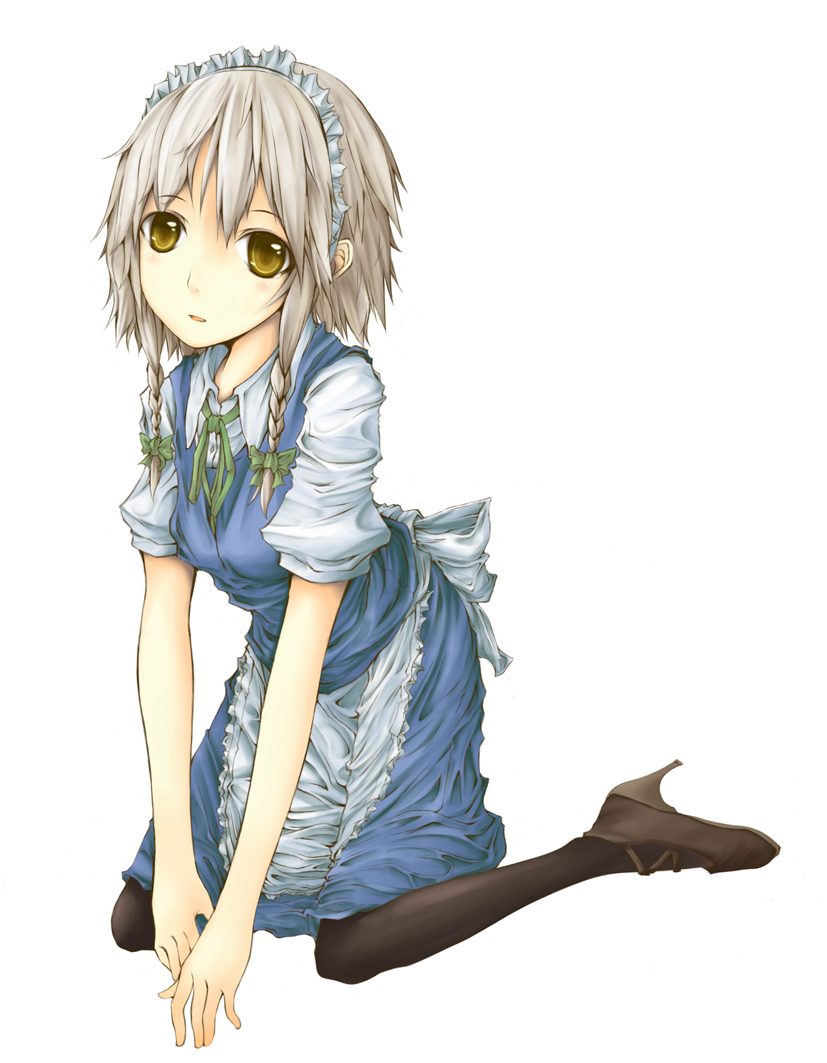 natsuk, izayoi sakuya, touhou, silver hair, 1girl, braid, female focus, full body, high heels, maid, pantyhose, ribbon, shoes, short hair, simple background, solo, white background