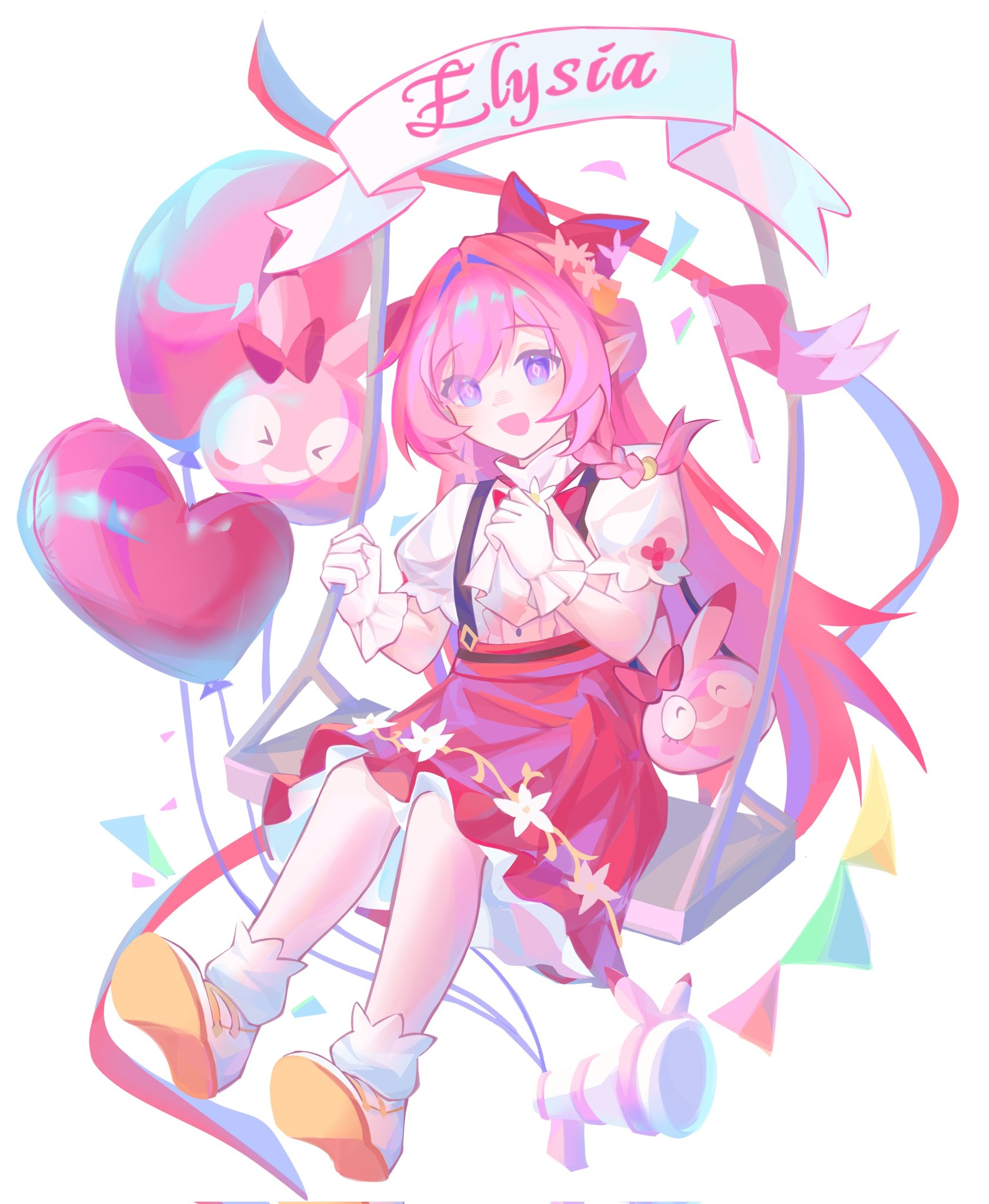 lucas (lucasng29949052), elysia (herrscher of human: ego) (honkai impact), elysia (honkai impact), homei (honkai impact), honkai (series), honkai impact 3rd, hashtag-only commentary, highres, 1girl, aged down, balloon, bell, character name, diamond-shaped pupils, diamond (shape), elf, flower, gloves, hair bell, hair flower, hair ornament, heart balloon, long hair, official alternate costume, on swing, pink hair, pointy ears, purple eyes, red skirt, shirt, shoes, simple background, skirt, smile, socks, solo, swing, symbol-shaped pupils, very long hair, white background, white gloves, white shirt, white shoes, white socks