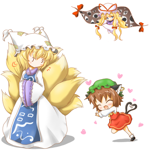 neko yume, chen, yakumo ran, yakumo yukari, touhou, 3girls, animal ears, animal hat, blonde hair, brown hair, cat ears, cat girl, cat tail, chibi, china dress, chinese clothes, dress, earrings, female focus, fox ears, fox tail, gap (touhou), hands in opposite sleeves, hat, heart, heart tail, jewelry, long hair, long sleeves, mob cap, multiple girls, ribbon, shoes, short hair, tail, tassel, wide sleeves