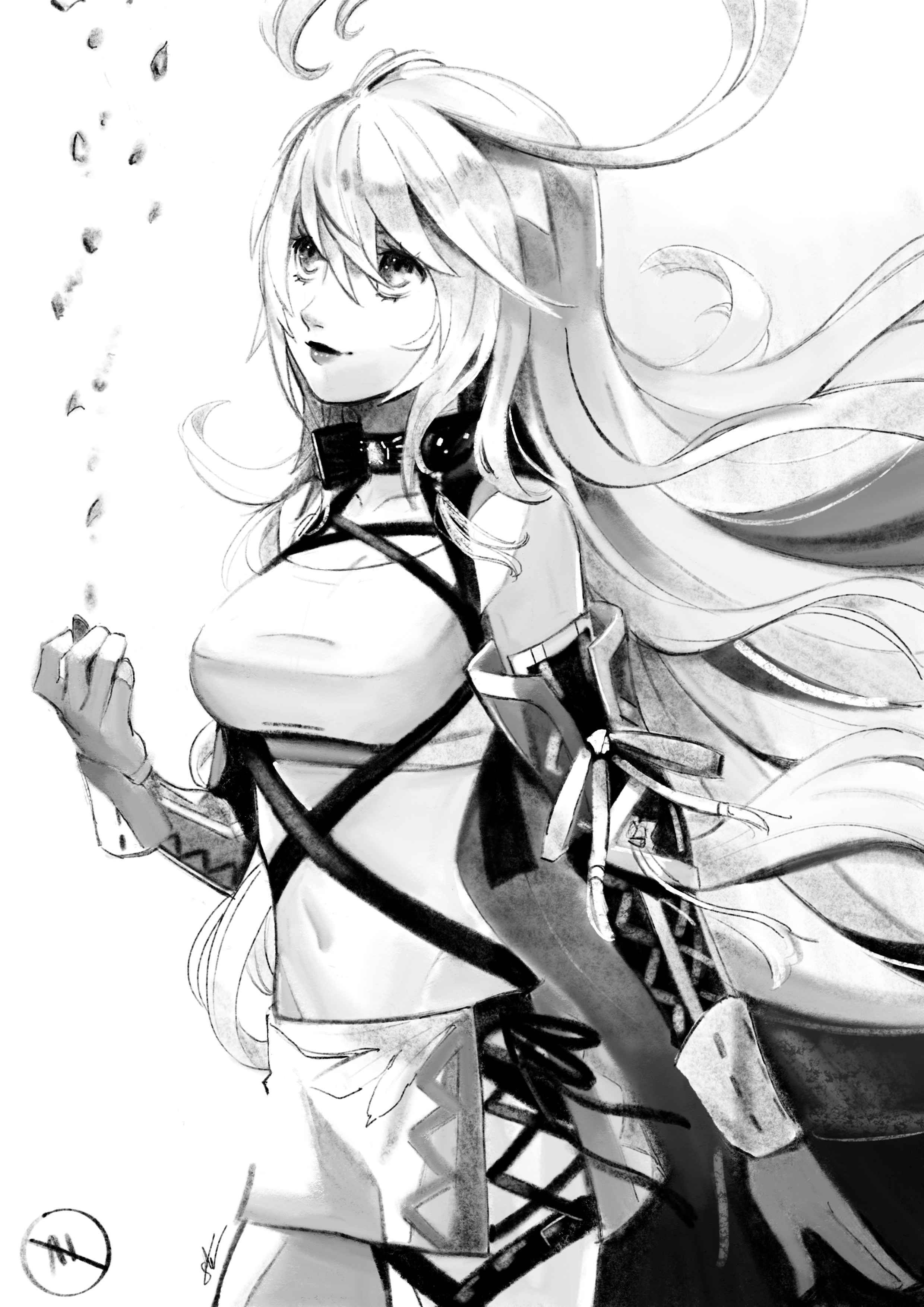 eightyfourart, milla maxwell, tales of (series), tales of xillia, absurdres, commentary, highres, 1girl, breasts, closed mouth, floating hair, greyscale, hair between eyes, looking up, medium breasts, monochrome, navel, skirt, smile, solo, standing