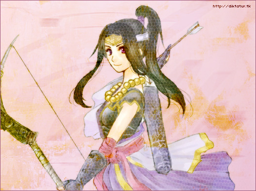 ina (urobronai), inahime, sengoku musou, 1girl, armlet, arrow (projectile), black gloves, bow (weapon), elbow gloves, female focus, gloves, headband, holding, holding weapon, jewelry, looking at viewer, necklace, pearl necklace, ponytail, quiver, red eyes, solo, weapon