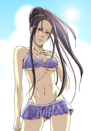 ina (urobronai), inahime, sengoku musou, artist request, 1girl, bikini, black hair, blush, breasts, female focus, frilled bikini, frills, long hair, ponytail, purple eyes, solo, swimsuit, underboob