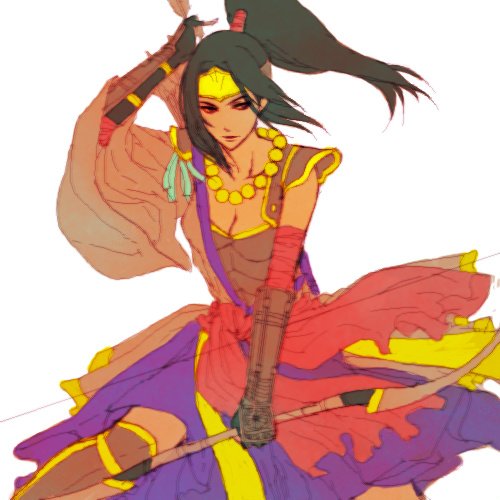 egawa satsuki, inahime, sengoku musou, lowres, 1girl, arrow (projectile), bare shoulders, black hair, bow (weapon), breasts, cleavage, collarbone, cowboy shot, female focus, headband, holding, holding weapon, jewelry, knee pads, necklace, pearl necklace, ponytail, quiver, red eyes, simple background, solo, weapon, white background