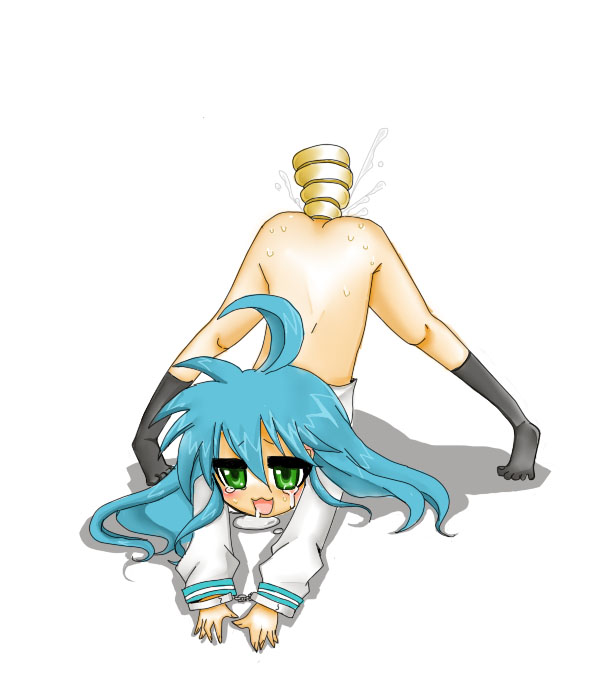 izumi konata, lucky star, 00s, anal, anal object insertion, blue hair, bow, cuffs, food, green eyes, handcuffs, happy, long hair, object insertion, saliva, spread legs, tears