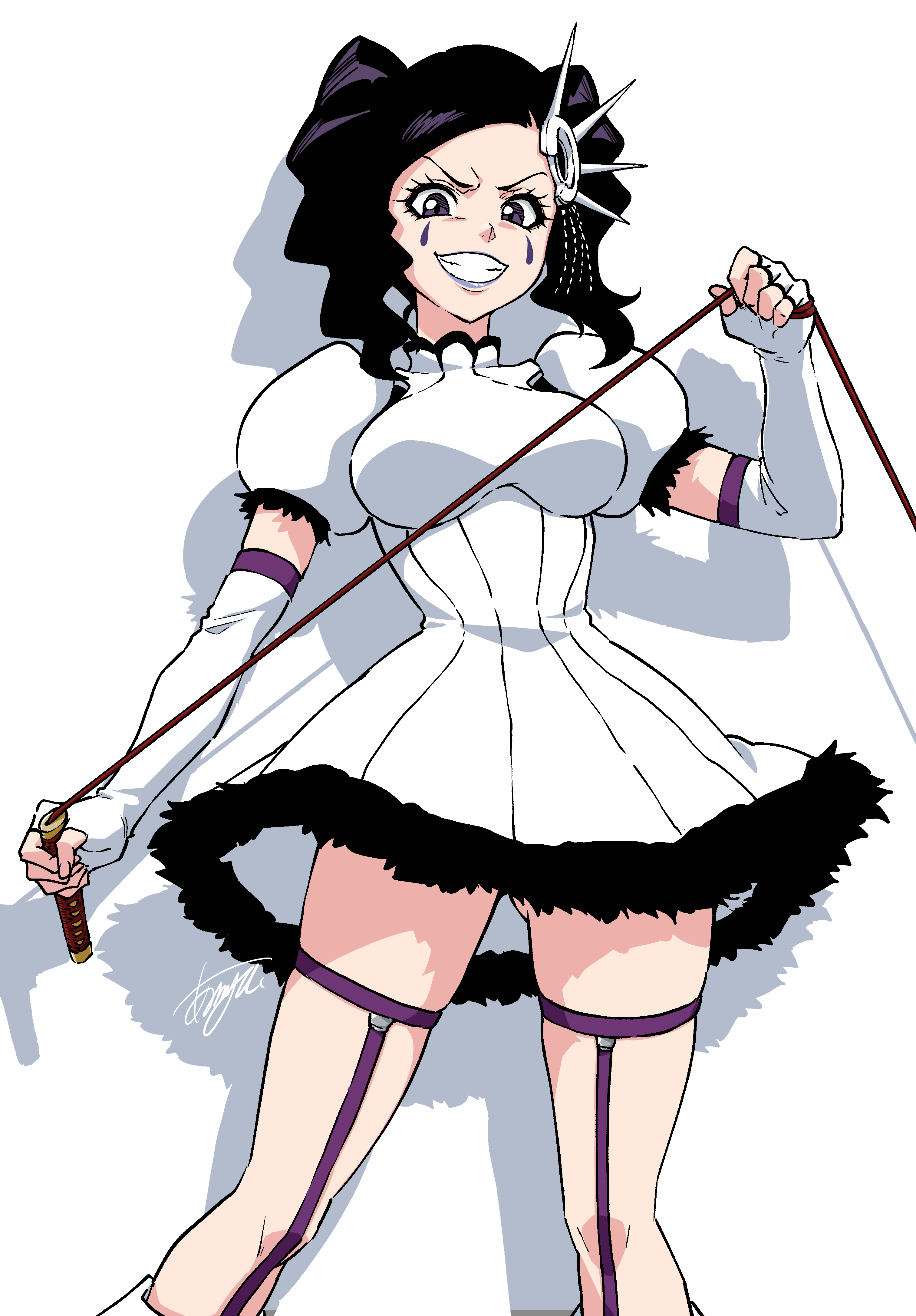 asanaya, cirucci sanderwicci, bleach, absurdres, highres, 1girl, black hair, breasts, dress, elbow gloves, facial mark, gloves, holding, holding whip, large breasts, looking at viewer, purple eyes, purple lips, purple nails, short twintails, simple background, skull on head, smile, solo, teardrop facial mark, thigh strap, twintails, whip, white background, white dress