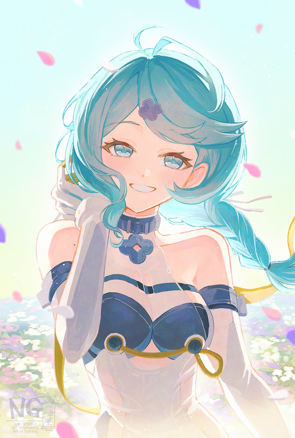 seed (zenless zone zero), zenless zone zero, highres, 1girl, bare shoulders, blue eyes, blue hair, blue sky, blush, detached sleeves, falling petals, field, flower, flower field, flower hairpin, formal clothes, gloves, hair ornament, hairpin, hand in own hair, looking at viewer, mole, mole on shoulder, nomunerutaberu, petals, ponytail, see-through dress layer, sky, smile, solo, suit, teeth, white gloves, white suit