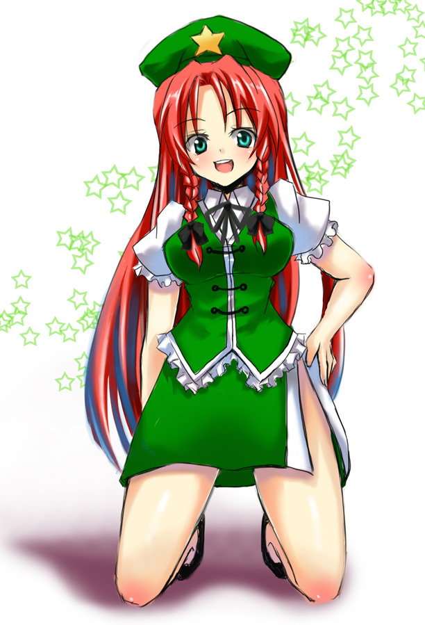 tsujigiri, hong meiling, embodiment of scarlet devil, touhou, 1girl, blue eyes, braid, breasts, china dress, chinese clothes, dress, female focus, full body, hat, red hair, solo, twin braids