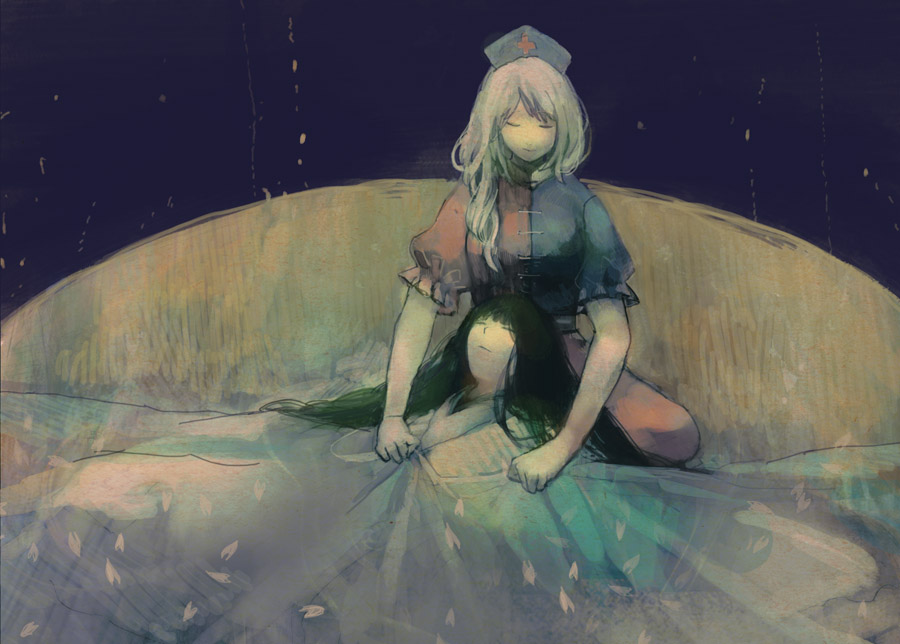 chiizu sakiika, kawachi, houraisan kaguya, yagokoro eirin, touhou, silver hair, bad id, bad pixiv id, 2girls, black hair, cross, cross print, female focus, hat, long hair, multiple girls, sleeping, under covers