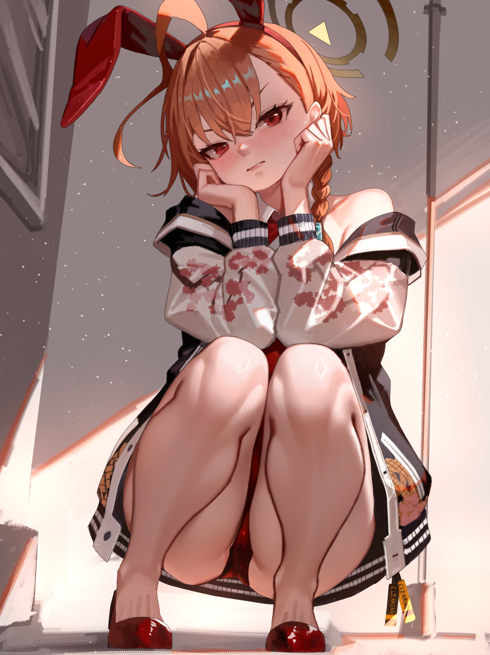 fuujin (windust michio), neru (blue archive), neru (bunny) (blue archive), blue archive, highres, 1girl, animal ears, bare shoulders, blush, braid, fake animal ears, halo, jacket, leotard, long sleeves, looking at viewer, official alternate costume, orange hair, playboy bunny, print jacket, rabbit ears, red eyes, red leotard, sitting, solo, squatting, wariza