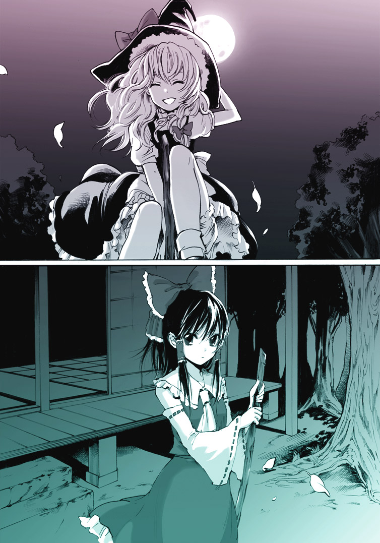yokoyari mengo, hakurei reimu, kirisame marisa, touhou, bad id, bad pixiv id, 2girls, bow, braid, broom, broom riding, closed eyes, detached sleeves, female focus, hair bow, hair tubes, hat, hat bow, japanese clothes, miko, monochrome, multiple girls, night, skirt, skirt set, veranda, witch, witch hat