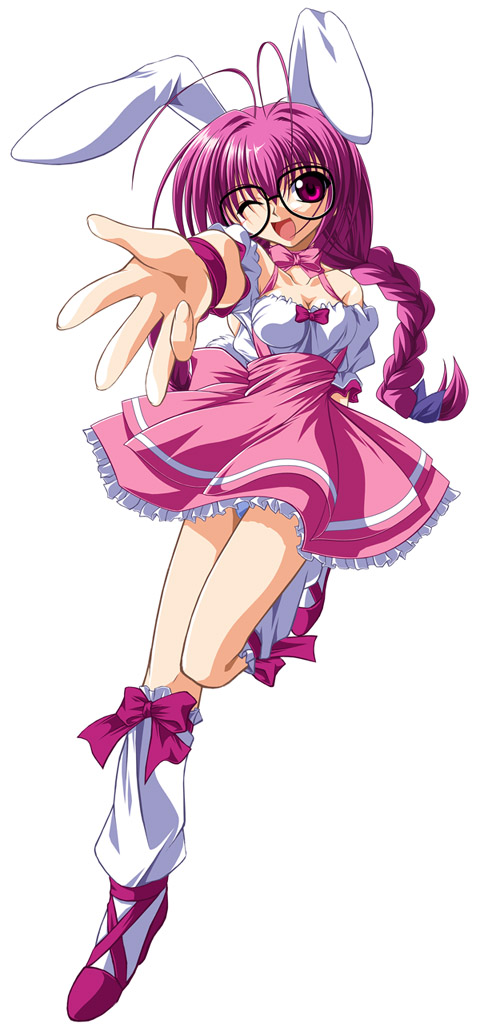 usada hikaru, di gi charat, bunny girl, 1girl, animal ears, glasses, pink hair, rabbit ears, red eyes