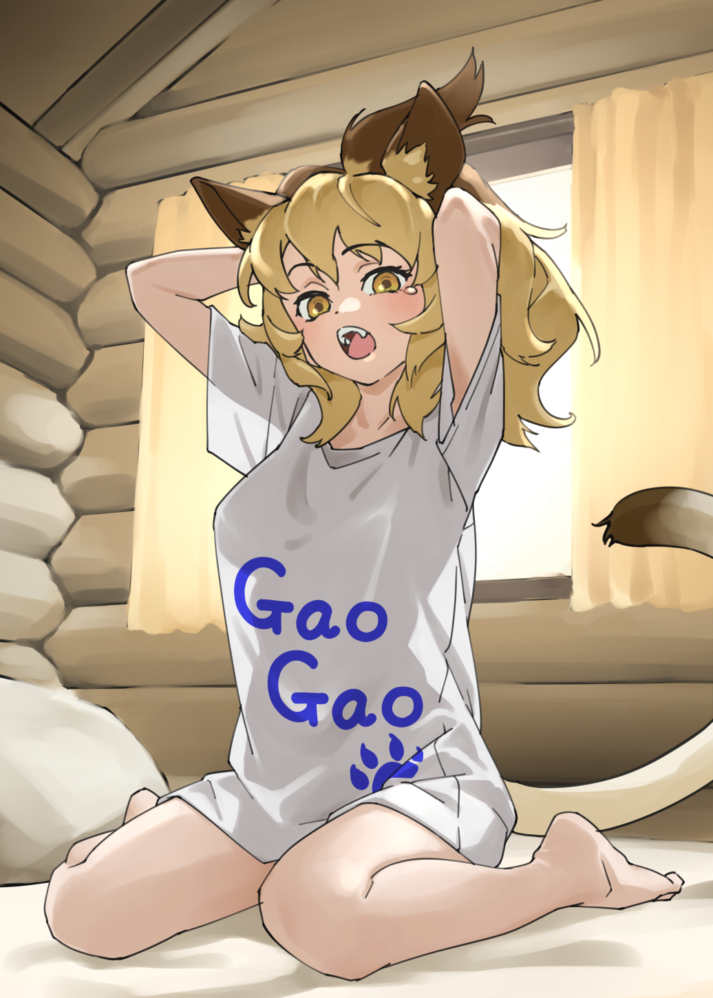 tanabe (fueisei), lion (kemono friends), kemono friends, highres, 1girl, alternate costume, animal ear fluff, animal ears, arms behind head, barefoot, blonde hair, breasts, brown hair, clothes writing, fangs, full body, gao, indoors, large breasts, lion ears, lion girl, lion tail, log cabin, long hair, looking at viewer, no pants, on bed, open mouth, pillow, see-through silhouette, shirt, short sleeves, sitting, solo, t-shirt, tail, tearing up, teeth, upper teeth only, wariza, white shirt, window, yawning, yellow eyes