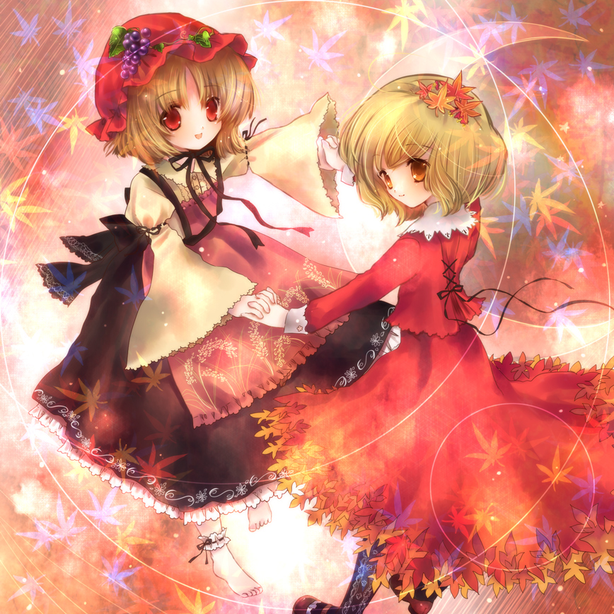 torii sumi, aki minoriko, aki shizuha, aron, pokemon, touhou, 2girls, ankle cuffs, apron, barefoot, blonde hair, choker, dress, female focus, gen 3 pokemon, hair ornament, hat, holding hands, leaf, leaf hair ornament, looking back, multiple girls, pokemon (creature), red eyes, ribbon choker, short hair, siblings, sisters, skirt, smile, yellow eyes