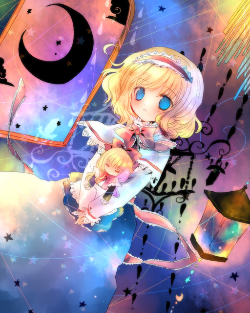 torii sumi, alice margatroid, shanghai doll, touhou, 2girls, blonde hair, blue eyes, blue theme, bow, bowtie, capelet, closed eyes, crescent moon, doll, female focus, gradient background, hair bow, hairband, lantern, moon, multiple girls, short hair, solo, standing, star (symbol), v arms