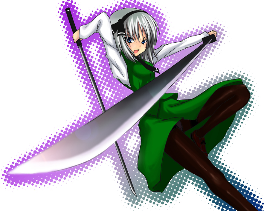 tsujigiri, konpaku youmu, touhou, silver hair, 1girl, bad anatomy, black pantyhose, blue eyes, dual wielding, female focus, hairband, halftone, halftone background, holding, katana, pantyhose, perspective, polka dot, polka dot background, poorly drawn, short hair, solo, sword, tanto, weapon