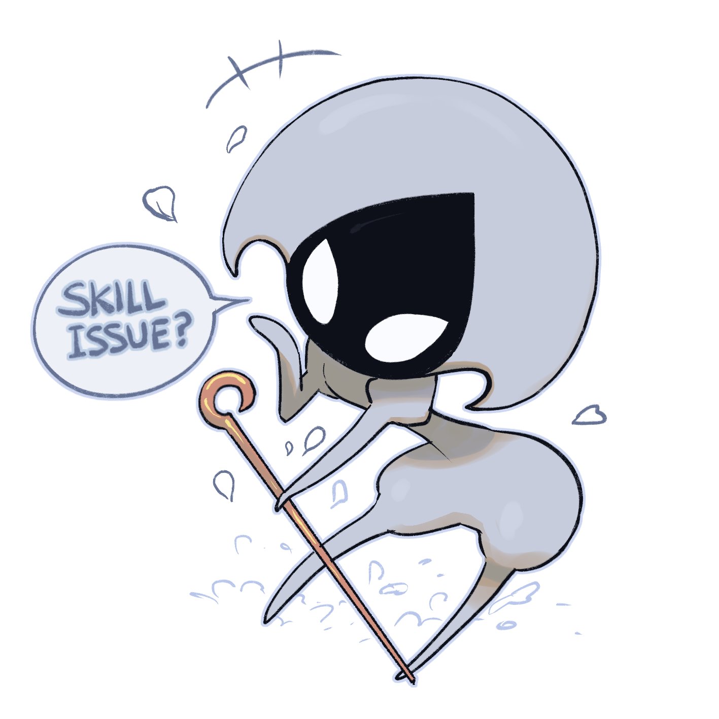 shirotani, lace (hollow knight), hollow knight, hollow knight: silksong, commentary, english commentary, highres, +++, 1girl, arthropod girl, bent over, english text, looking at viewer, meme, pin (hollow knight), skill issue (meme), solo, speech bubble, white background, white eyes