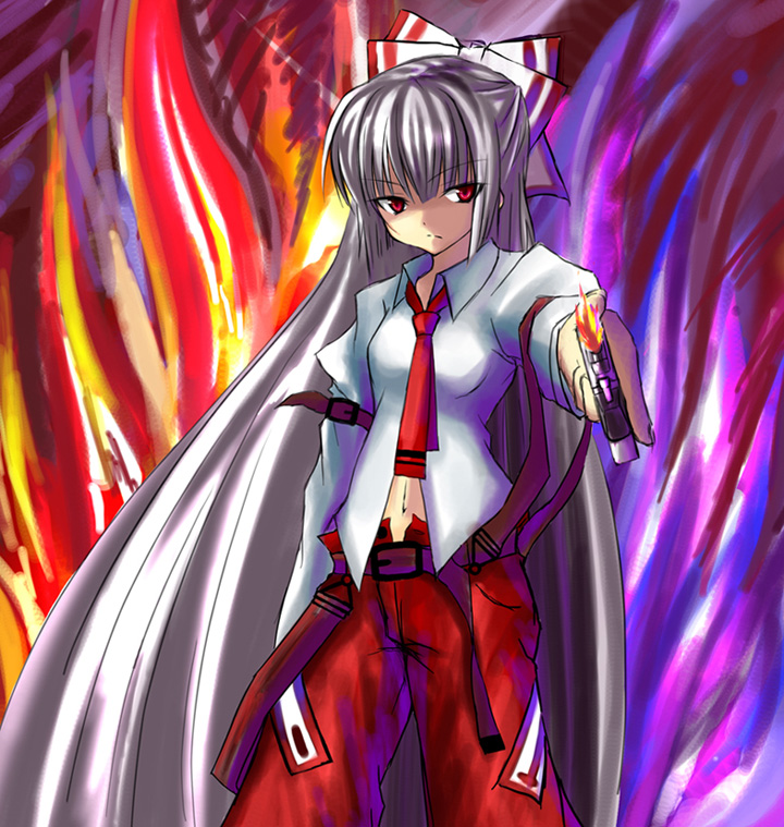 tsujigiri, fujiwara no mokou, touhou, silver hair, 1girl, bow, female focus, fire, lighter, long hair, navel, necktie, red eyes, shirt, solo, square-end necktie, suspenders, very long hair, white shirt