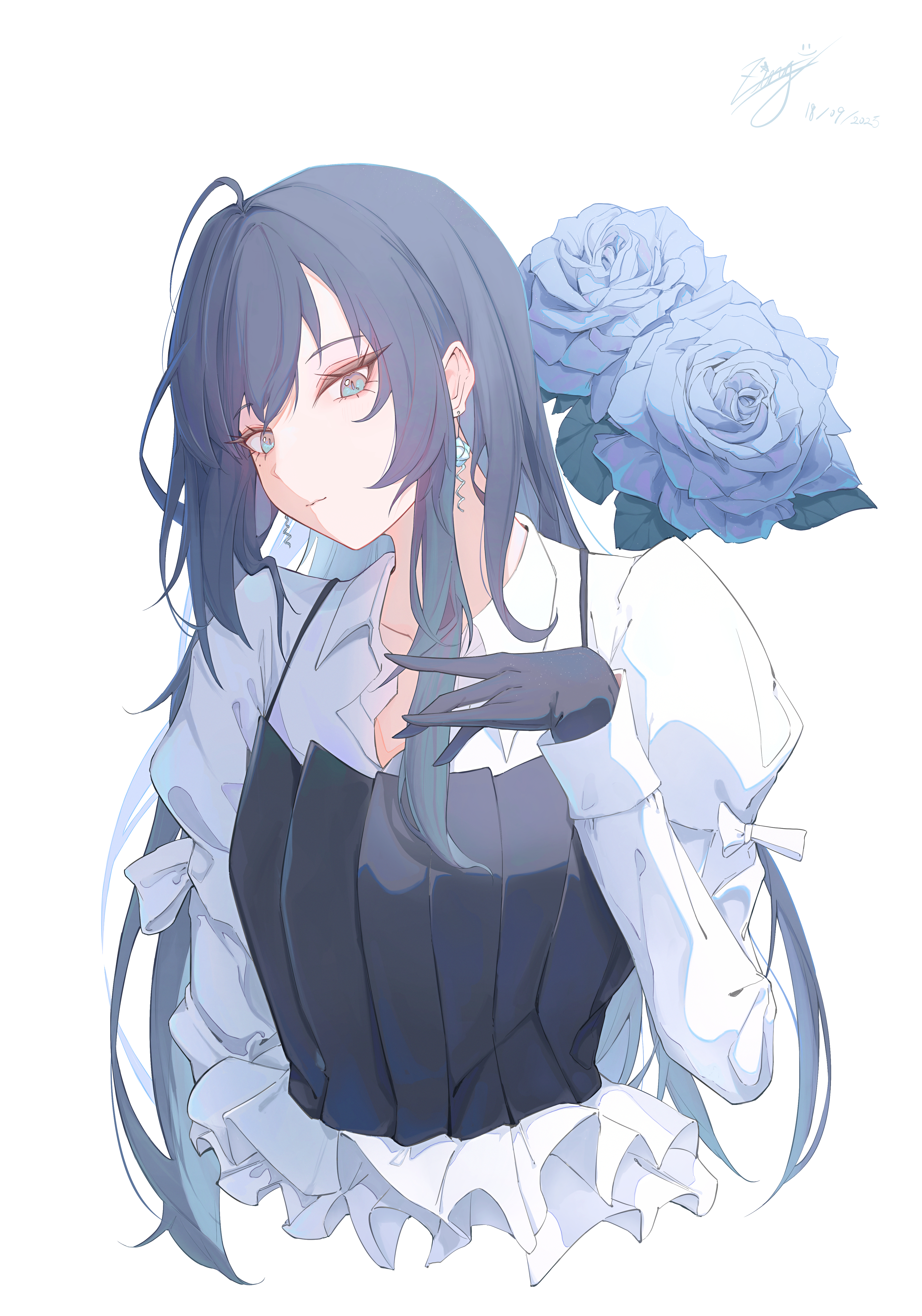 zing (zingart), chando (ado), ado (utaite), absurdres, commentary, highres, 1girl, ahoge, black gloves, black hair, blue flower, blue rose, closed mouth, flower, gloves, long hair, long sleeves, mole, mole under eye, rose, sidelocks, simple background, upper body, utaite, white background