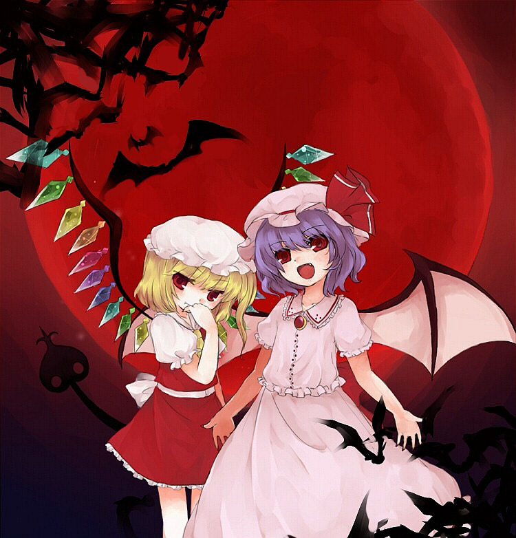 sakaki chihiro, flandre scarlet, remilia scarlet, touhou, 2girls, bat (animal), female focus, gradient background, hat, mob cap, moon, multiple girls, outdoors, red moon, siblings, sisters, skirt, sky