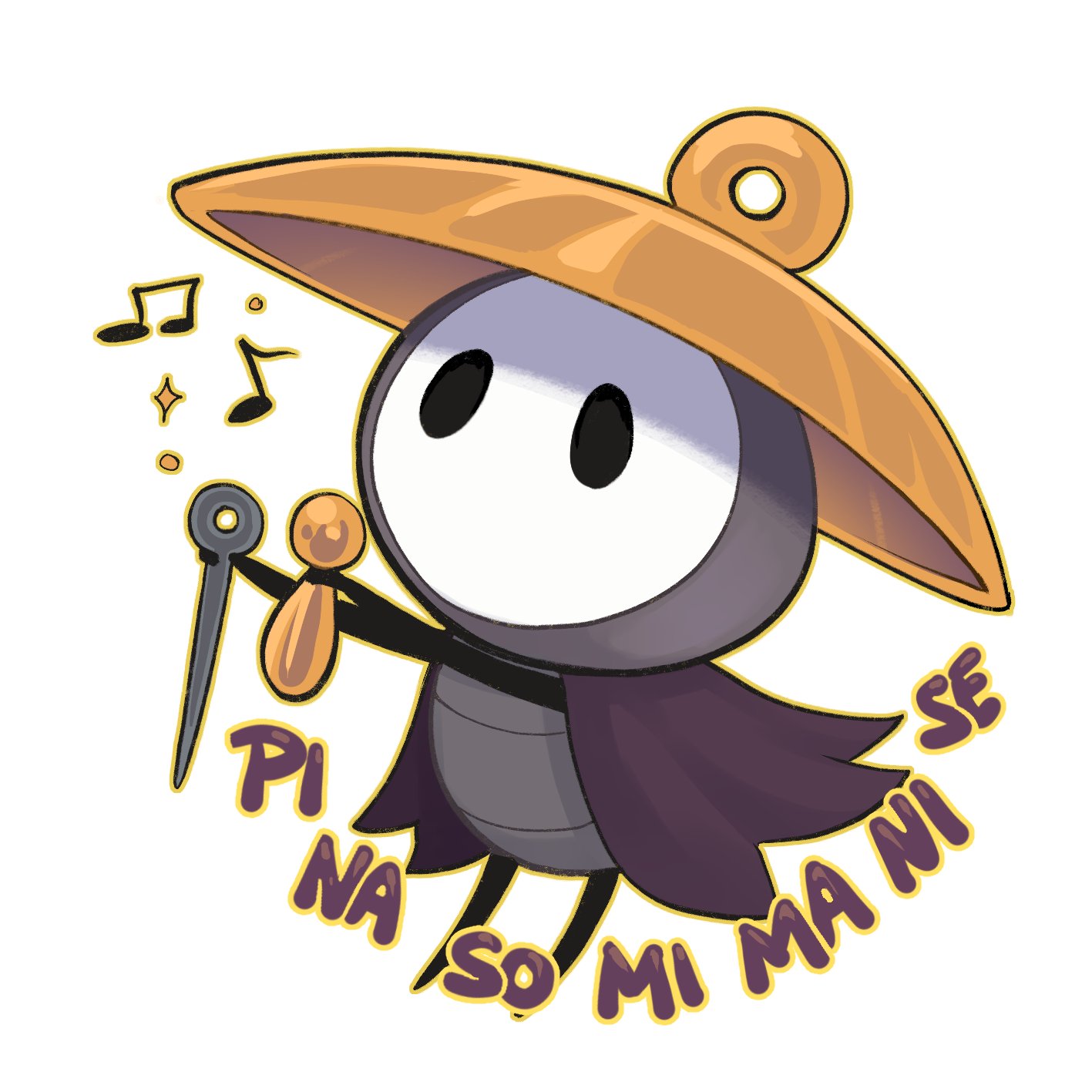 shirotani, hollow knight, hollow knight: silksong, commentary, english commentary, highres, 1boy, arthropod boy, black eyes, holding, holding instrument, instrument, male focus, musical note, needle, sewing needle, sherma (hollow knight), solo, sparkle, standing, white background