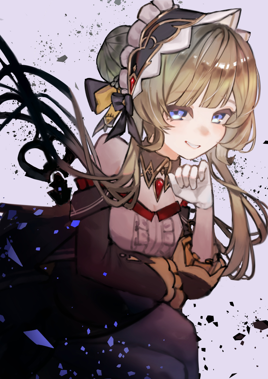 orenji (user psvf2344), sandrone (genshin impact), genshin impact, highres, 1girl, blue eyes, braid, breasts, brown hair, bun with braided base, cleavage, detached collar, dress, frilled dress, frills, gloves, light blush, long hair, long sleeves, looking at viewer, medium breasts, parted lips, smile, solo, white gloves