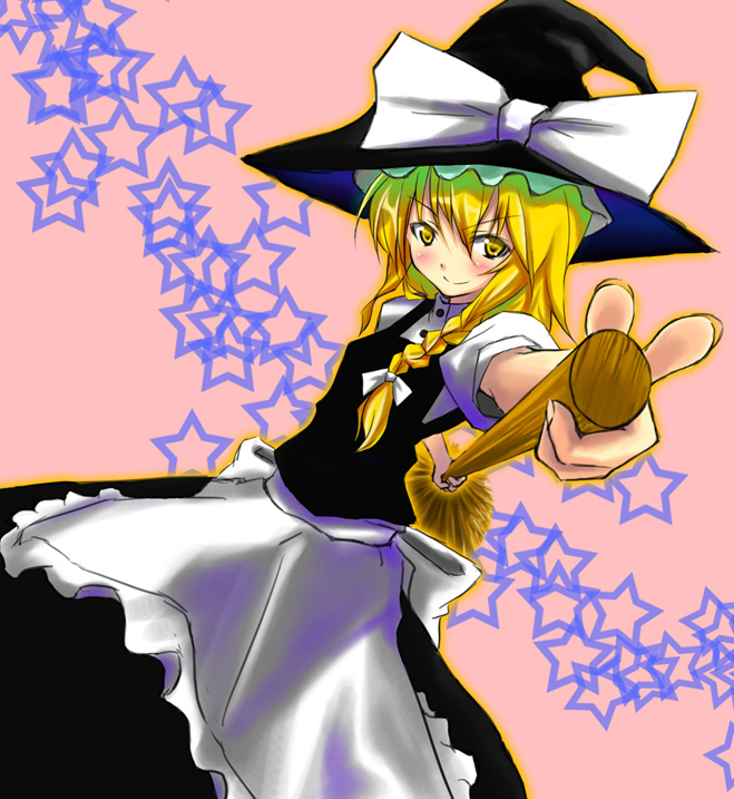 tsujigiri, kirisame marisa, touhou, 1girl, apron, blonde hair, broom, female focus, foreshortening, hat, long hair, simple background, skirt, smile, solo, star (symbol), witch, witch hat, yellow eyes