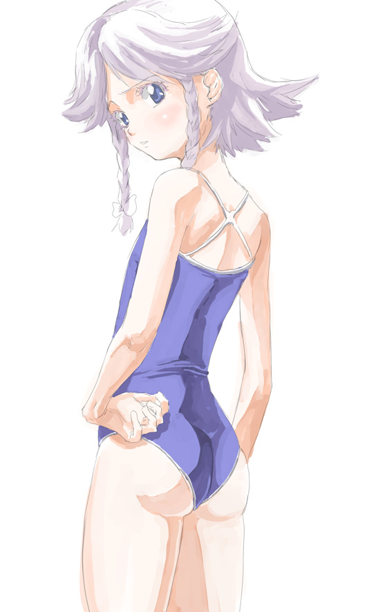 yohane, izayoi sakuya, touhou, silver hair, 1girl, braid, female focus, one-piece swimsuit, school swimsuit, short hair, solo, swimsuit, twin braids