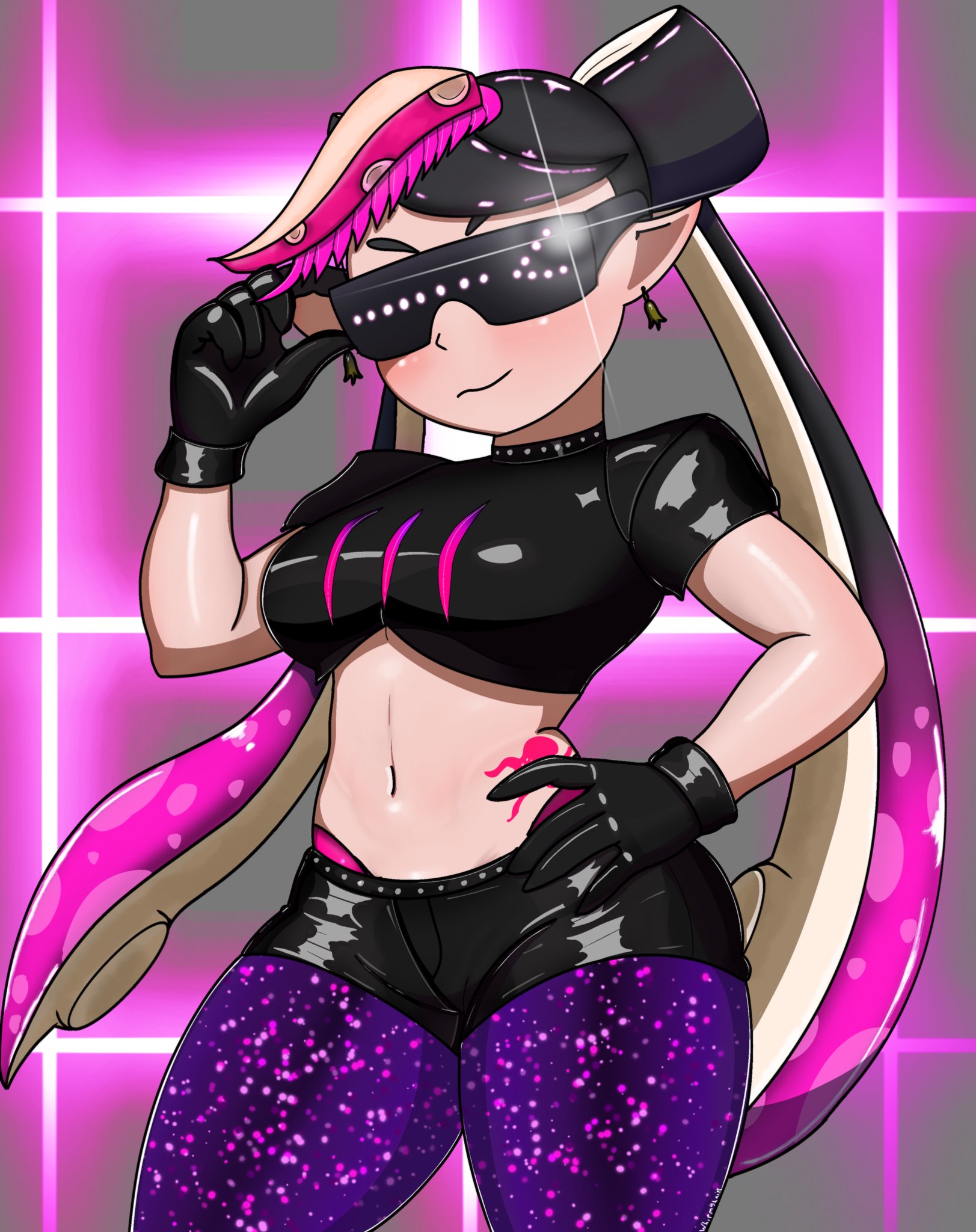 callie (octo idol outfit) (splatoon), callie (splatoon), nintendo, splatoon (series), splatoon 2, highres, 1girl, black hair, blush, breasts, crop top, earrings, gloves, inkling, jewelry, large breasts, midriff, pointy ears, short sleeves, shorts, sunglasses, tentacle hair, twintails, whipmyhair, white hair, wide hips