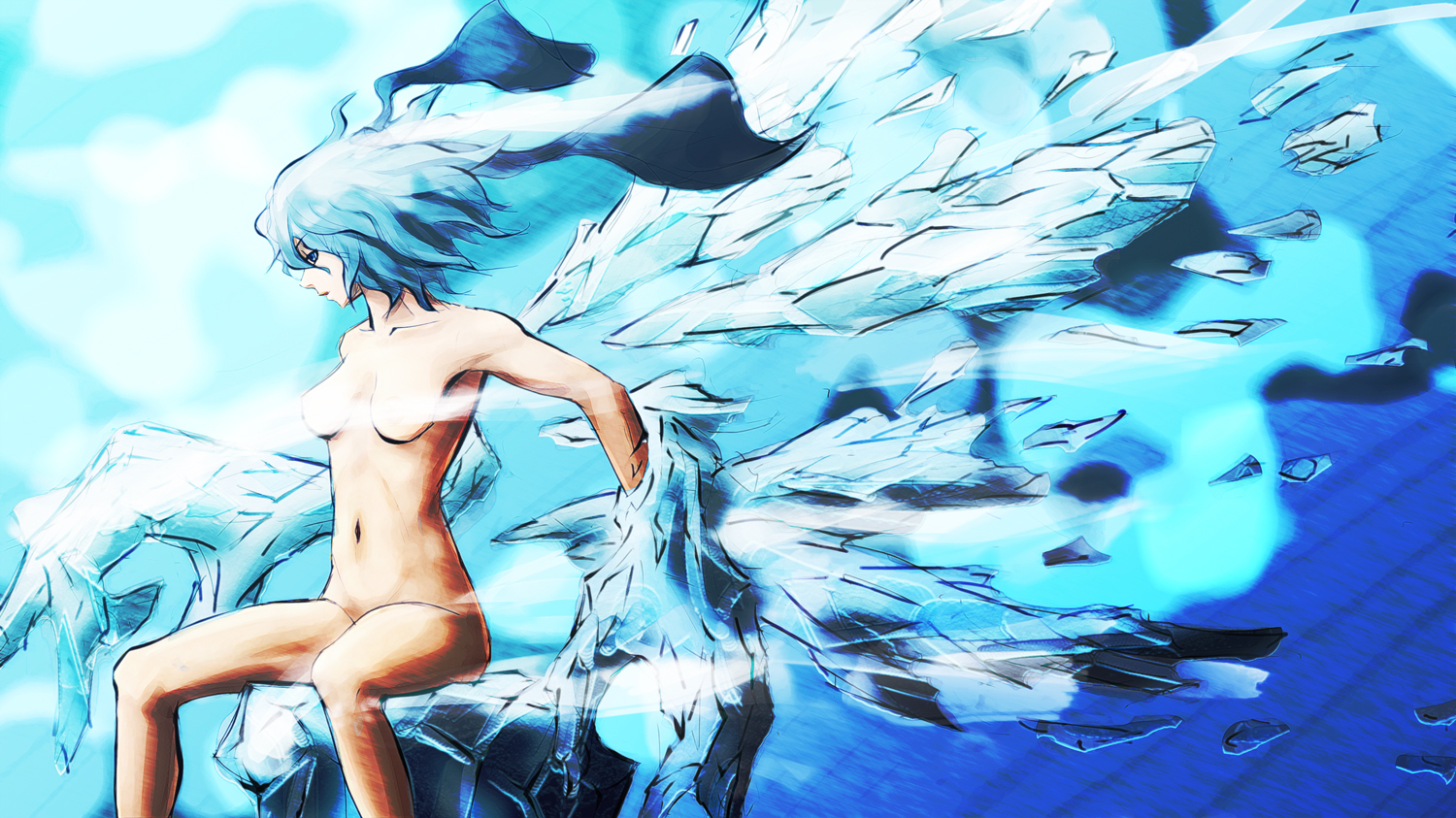 same 2009, cirno, embodiment of scarlet devil, touhou, 1girl, aged up, blue hair, breasts, censored, completely nude, convenient censoring, female focus, groin, nude, ribbon, short hair, small breasts, solo