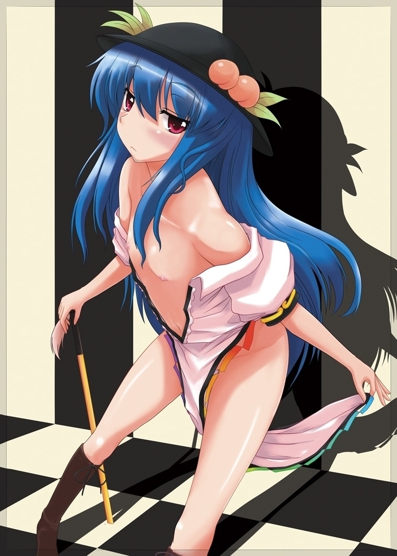 negija, hinanawi tenshi, touhou, 1girl, blue hair, female focus, flat chest, food, fruit, hat, loli, long hair, no bra, nude, peach, solo, sword, sword of hisou, undressing, weapon