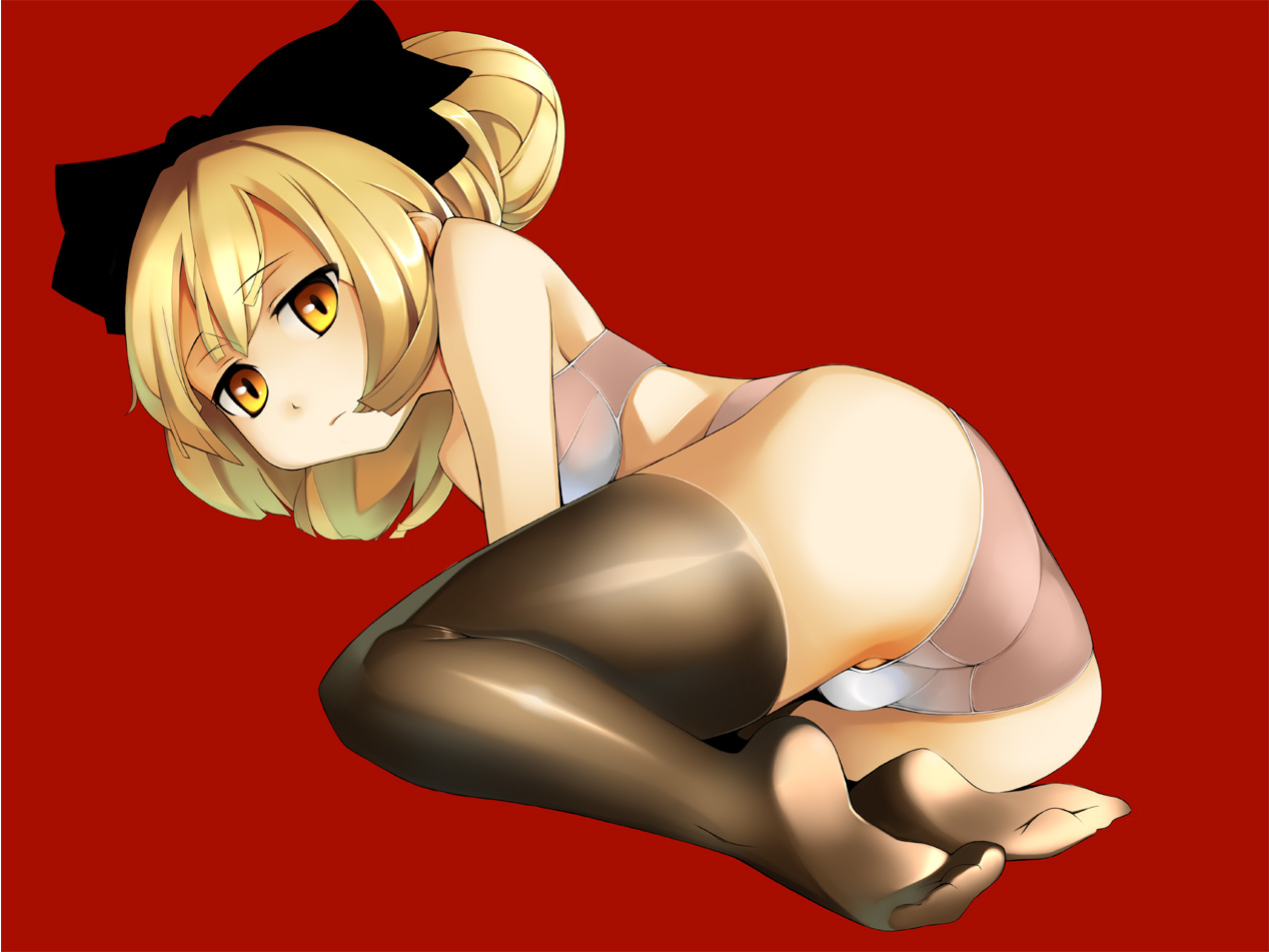 topo (bacchustab), topo bevitore, topo tsuzuki, kurodani yamame, touhou, bad id, bad pixiv id, 1girl, ass, blonde hair, bra, feet, female focus, lingerie, panties, ribbon, short hair, socks, solo, thighhighs, underwear, underwear only, white bra, white panties, yellow eyes