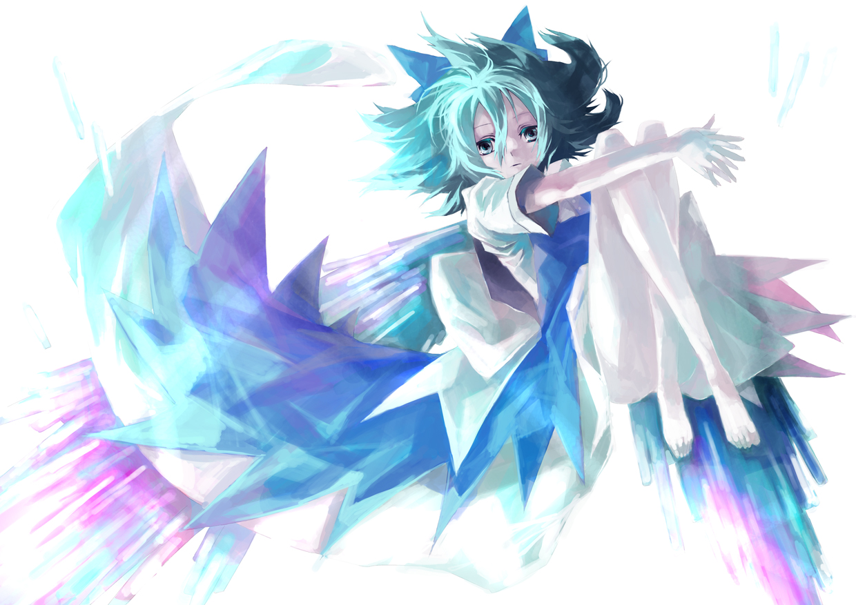 9ji, 9ji (8giri), cirno, embodiment of scarlet devil, touhou, 1girl, blue eyes, blue hair, dress, female focus, matching hair/eyes, ribbon, short hair, solo, white background, wings