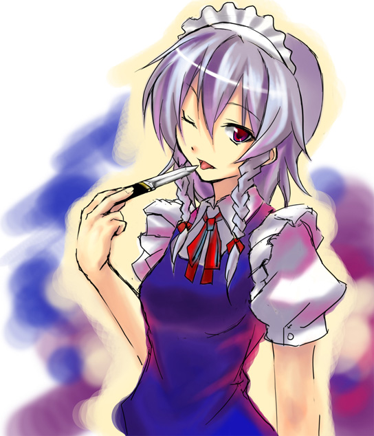 tsujigiri, izayoi sakuya, touhou, silver hair, 1girl, female focus, gradient background, knife, maid, red eyes, solo, throwing knife, upper body, weapon
