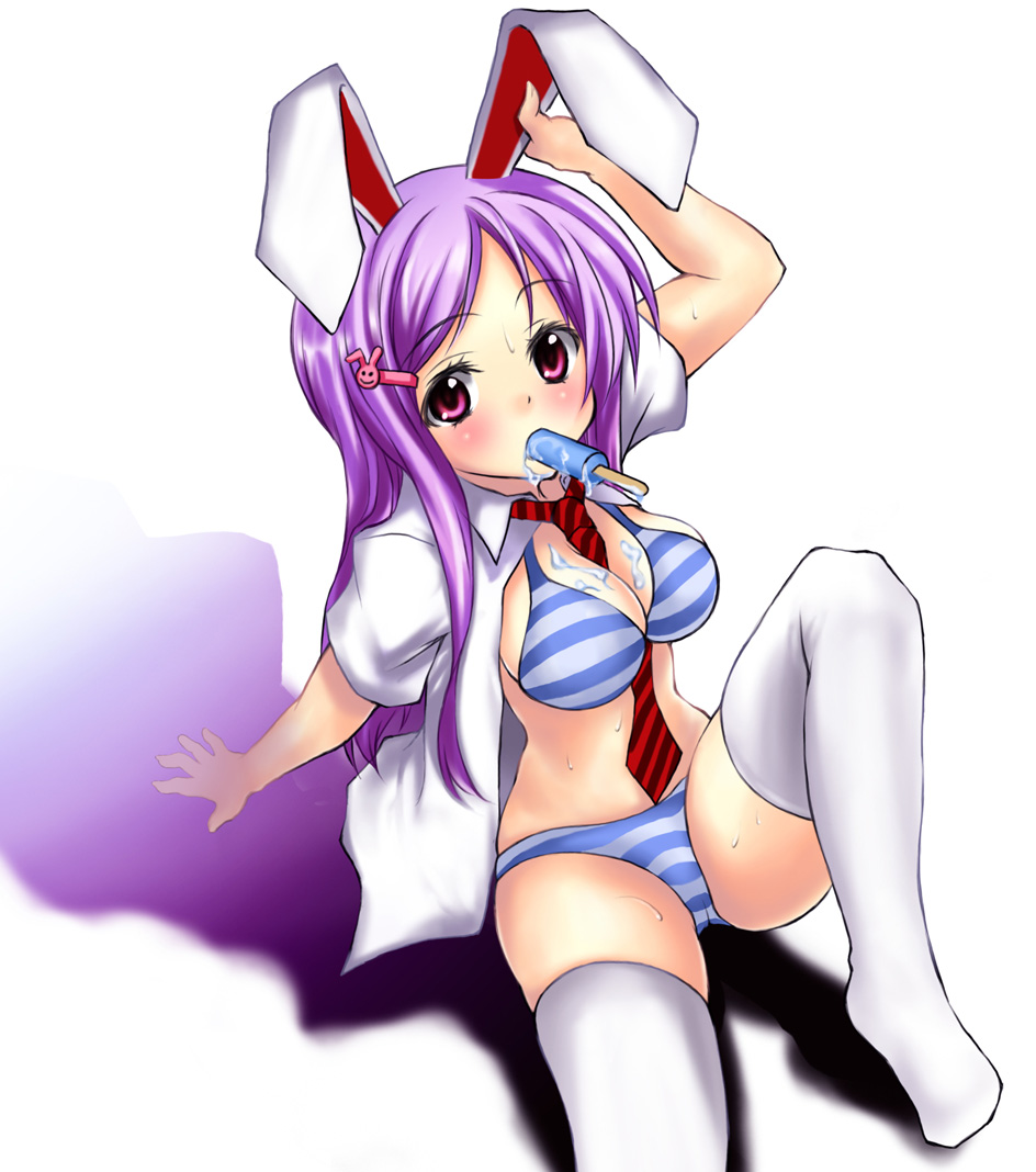 tsujigiri, reisen udongein inaba, touhou, 1girl, animal ears, blue panties, bra, breasts, cleavage, female focus, food, hair ornament, hairclip, hairpin, large breasts, lingerie, long hair, open clothes, open shirt, panties, pink eyes, popsicle, purple hair, rabbit ears, shirt, solo, striped clothes, striped panties, thighhighs, underwear, white background