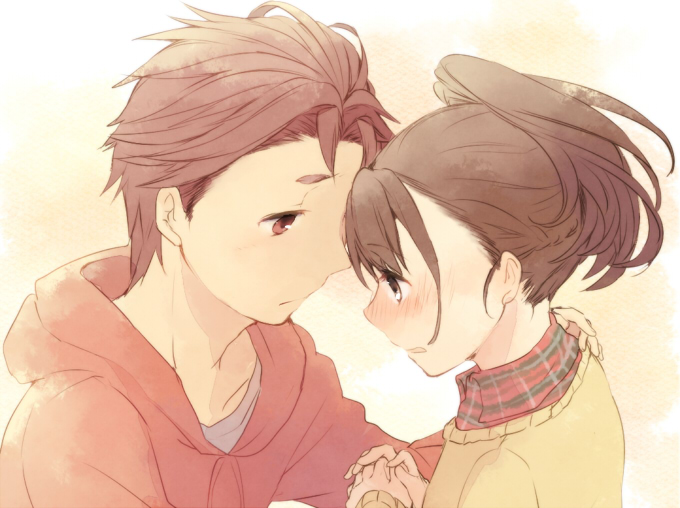 takana (nanao), senomiya akiho, yashio kaito, robotics;notes, science adventure, 1boy, 1girl, blush, braid, brown eyes, brown hair, casual, couple, cpuple, eye contact, from side, half up braid, hetero, hood, hood down, hoodie, long hair, looking at another, ponytail, short hair, sweater, upper body