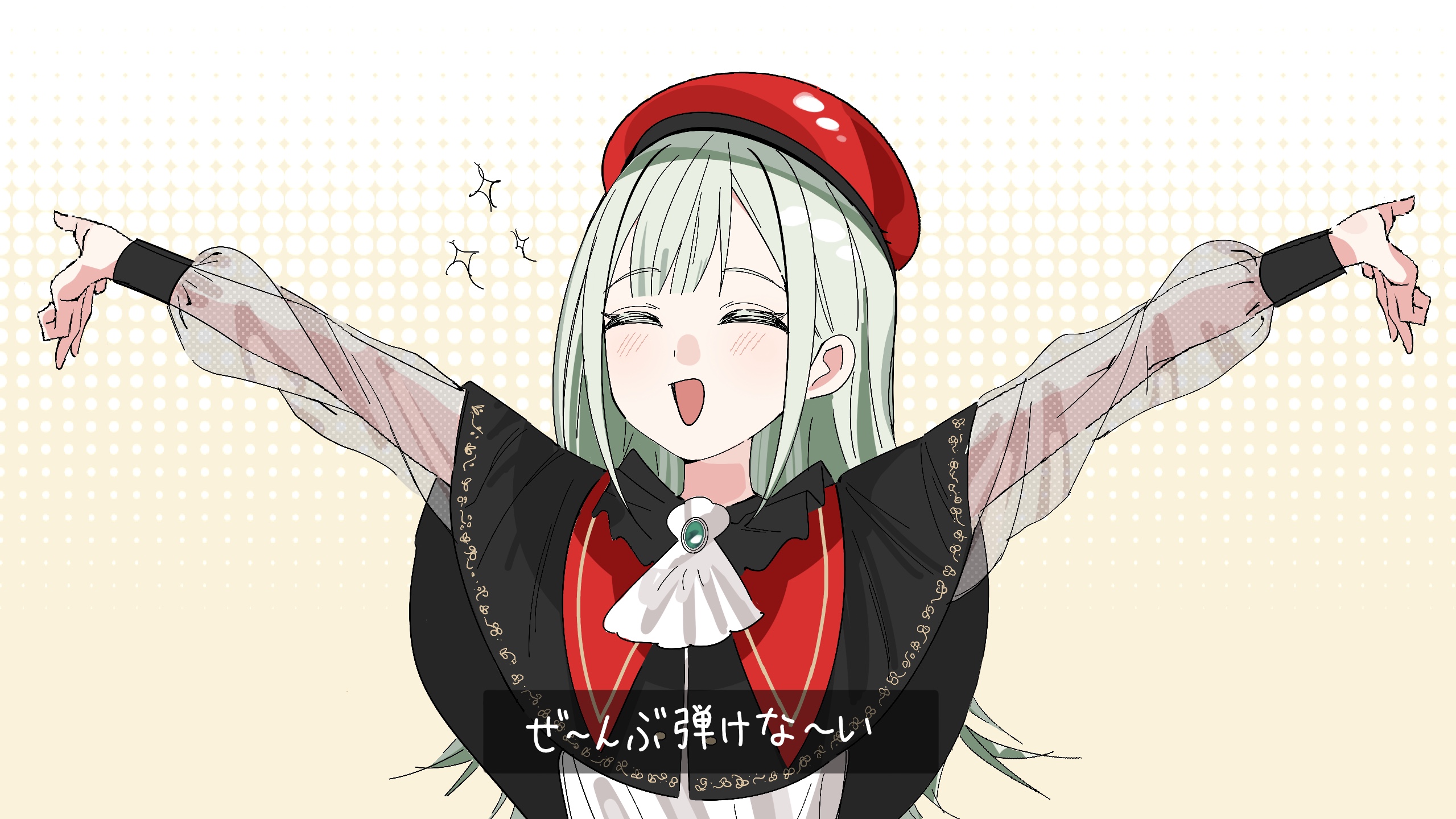 peke (pekeiscat), mortis (bang dream!), mortis (costume) (bang dream!), mortis (persona) (bang dream!), wakaba mutsumi, bang dream!, bang dream! it's mygo!!!!!, commentary, hashtag-only commentary, highres, translation request, 1girl, :d, ^ ^, arms up, ascot, beret, black capelet, capelet, closed eyes, facing viewer, green brooch, green hair, hat, long hair, long sleeves, open mouth, outstretched arms, red hat, scene reference, see-through clothes, see-through sleeves, sidelocks, smile, solo, source quote, sparkle, spread arms, subtitled, upper body, white ascot