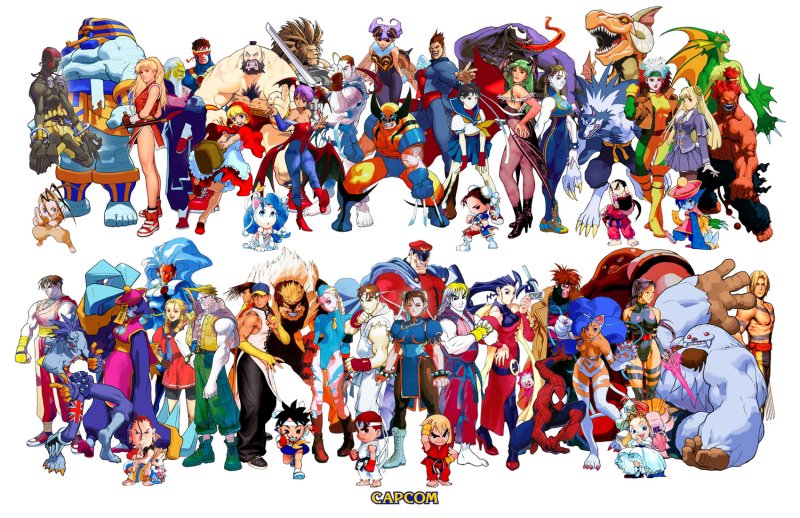 bengus, mori toshiaki, akuma (street fighter), anakaris, anita (darkstalkers), b.b. hood, balrog, cammy white, charlie nash, chun-li, cyclops (x-men), demitri maximoff, devilot de deathsatan ix, dhalsim, donovan baine, felicia, gallon, gambit, gen (street fighter), genryuusai maki, hauzer, hibiki dan, hsien-ko, ibuki (street fighter), ingrid, kanzuki karin, kasugano sakura, ken masters, leo (warzard), lord raptor, m. bison, morrigan aensland, psylocke, q-bee, rikuo (darkstalkers), rogue (x-men), rose (street fighter), ryu (street fighter), sabertooth (x-men), sasquatch (darkstalkers), spider-man, storm (x-men), the juggernaut, venom (marvel), yang lee, yun lee, zangief, capcom, capcom fighting jam, capcom vs. snk, cyberbots, darkstalkers, final fight, marvel, marvel vs. capcom, marvel vs. capcom 2, spider-man (series), street fighter, street fighter iii, street fighter zero, street fighter zero 3, vampire savior: the lord of vampire, warzard, x-men, x-men vs. street fighter, official art, 6+boys, 6+girls, bike shorts, chibi, company logo, crossover, everyone, fangs, lineup, multiple boys, multiple girls, shoes, simple background, sneakers, super puzzle fighter ii x, white background