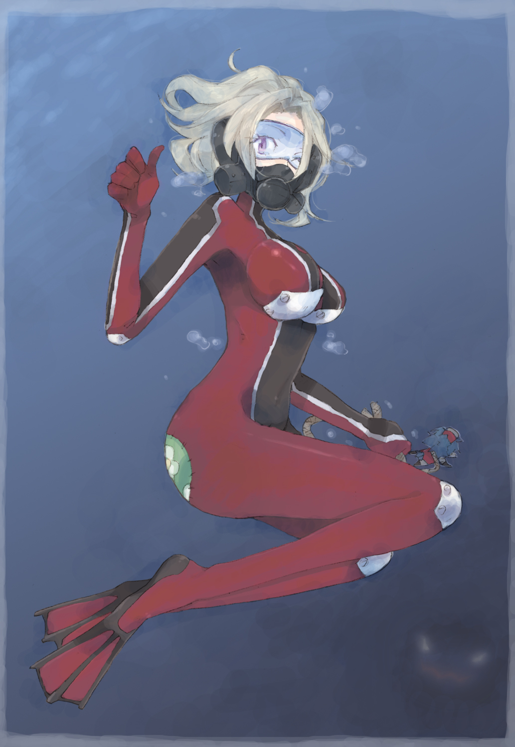 tsumura chita, bad id, bad pixiv id, highres, 1girl, blonde hair, bodysuit, breasts, diving, diving mask, diving suit, female focus, flippers, glowing, glowing eyes, goggles, large breasts, ocean, patch, scuba, short hair, skin tight, solo, swimsuit, thumbs up, underwater, water, wetsuit