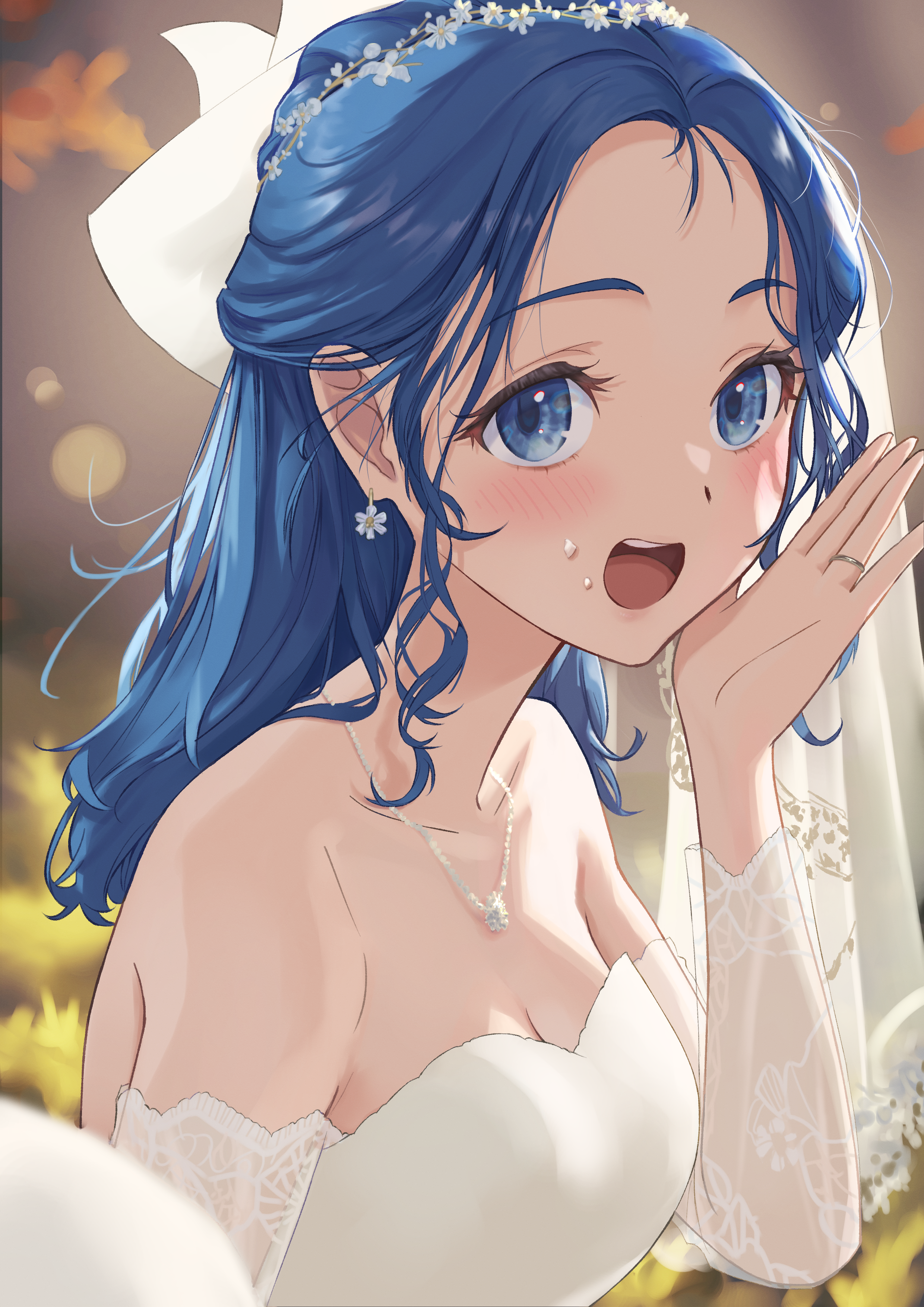hyakusyo69, yanami anna, make heroine ga oo sugiru!, absurdres, commentary request, highres, 1girl, :d, alternate costume, alternate hairstyle, blue eyes, blue hair, breasts, bridal veil, cleavage, crumbs, detached sleeves, dress, earrings, food, food on face, head wreath, jewelry, large breasts, looking at viewer, necklace, open mouth, smile, solo, strapless, strapless dress, teeth, upper teeth only, veil, wedding dress, white dress, white sleeves